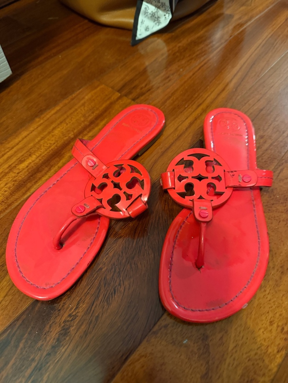 Tory Burch Red Patent Leather Logo Thong Sandals